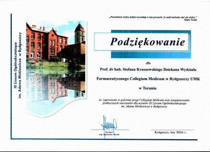 Podziękowania za organizację warsztatów dla uczniów szkół średnich. Kliknij, aby powiększyć zdjęcie.